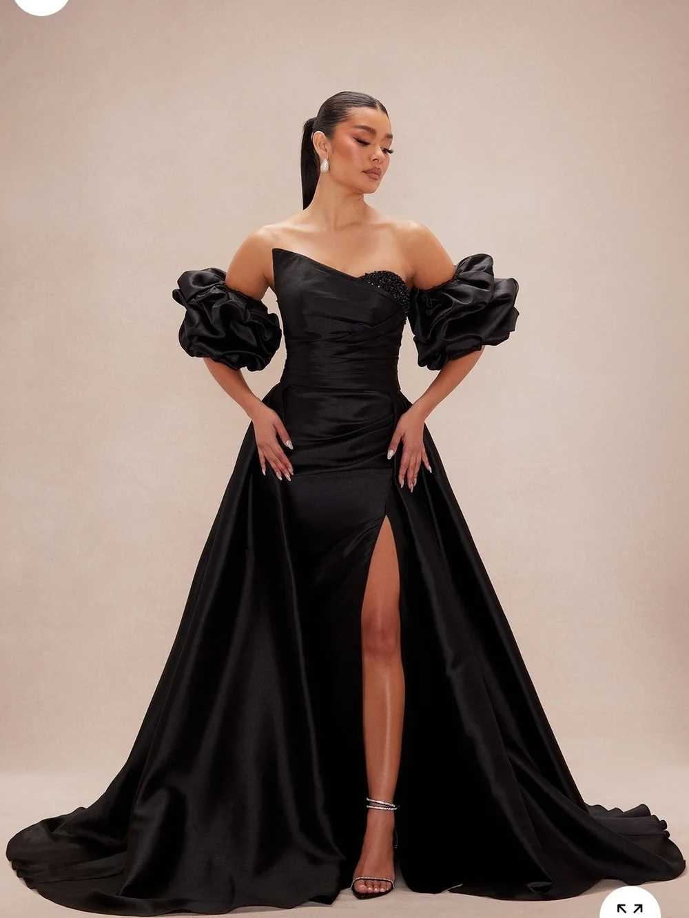 Fashion Nova Black Off-Shoulder Satin Prom Gown with Puff Sleeves